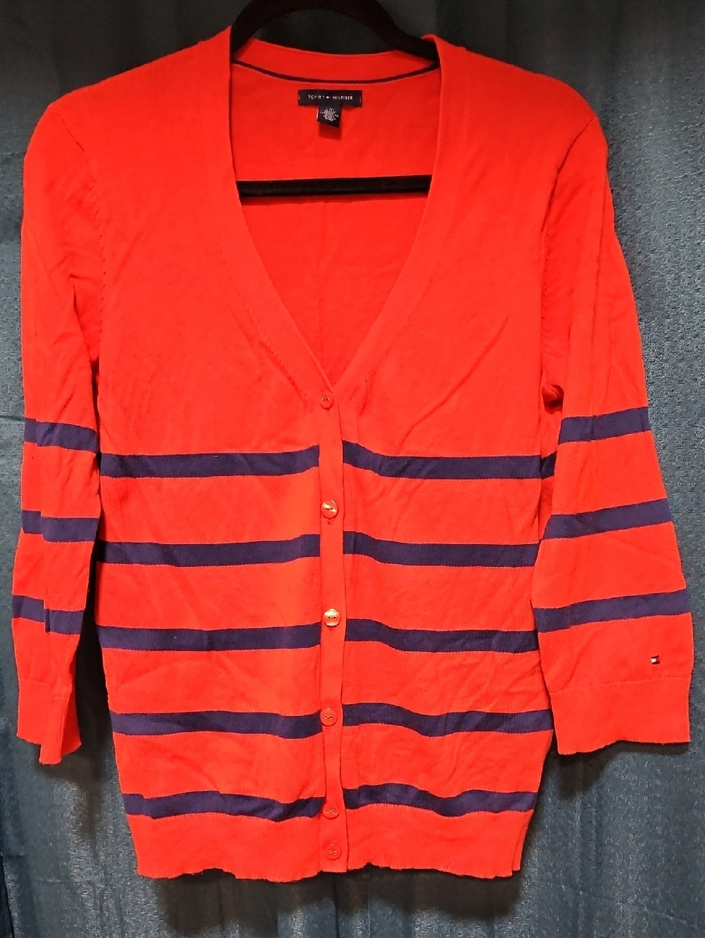 Tommy Hilfiger Orange and Navy Striped V‑Neck Button Cardigan